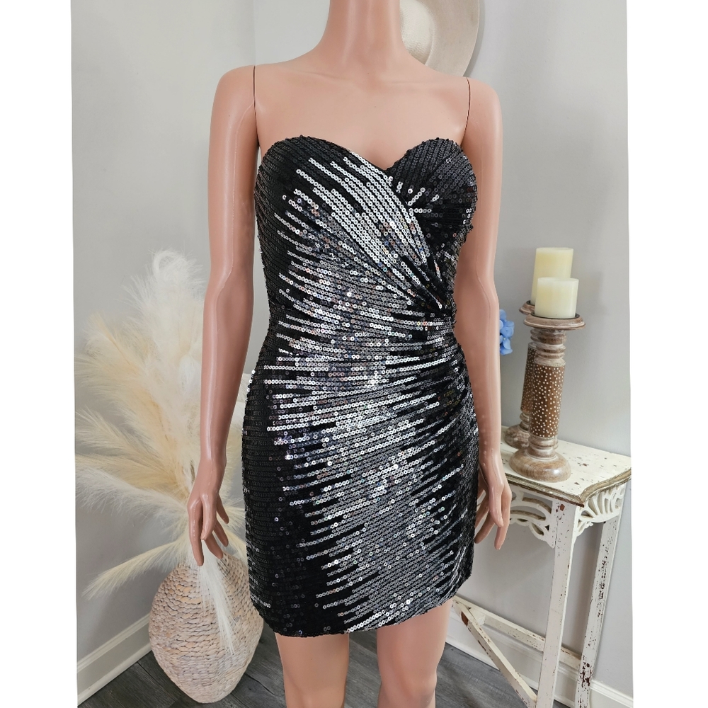 Heather French Henry Black Silver Sequin Strapless Mini Dress
